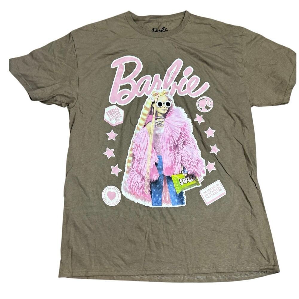 Barbie Women’s Large Graphic Tee – Brown T-Shirt Pink Retro Style Logo Mattel